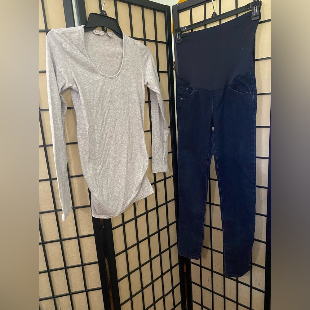 Two piece maternity outfit including Aglow jeans and Ripe long sleeved shirt
